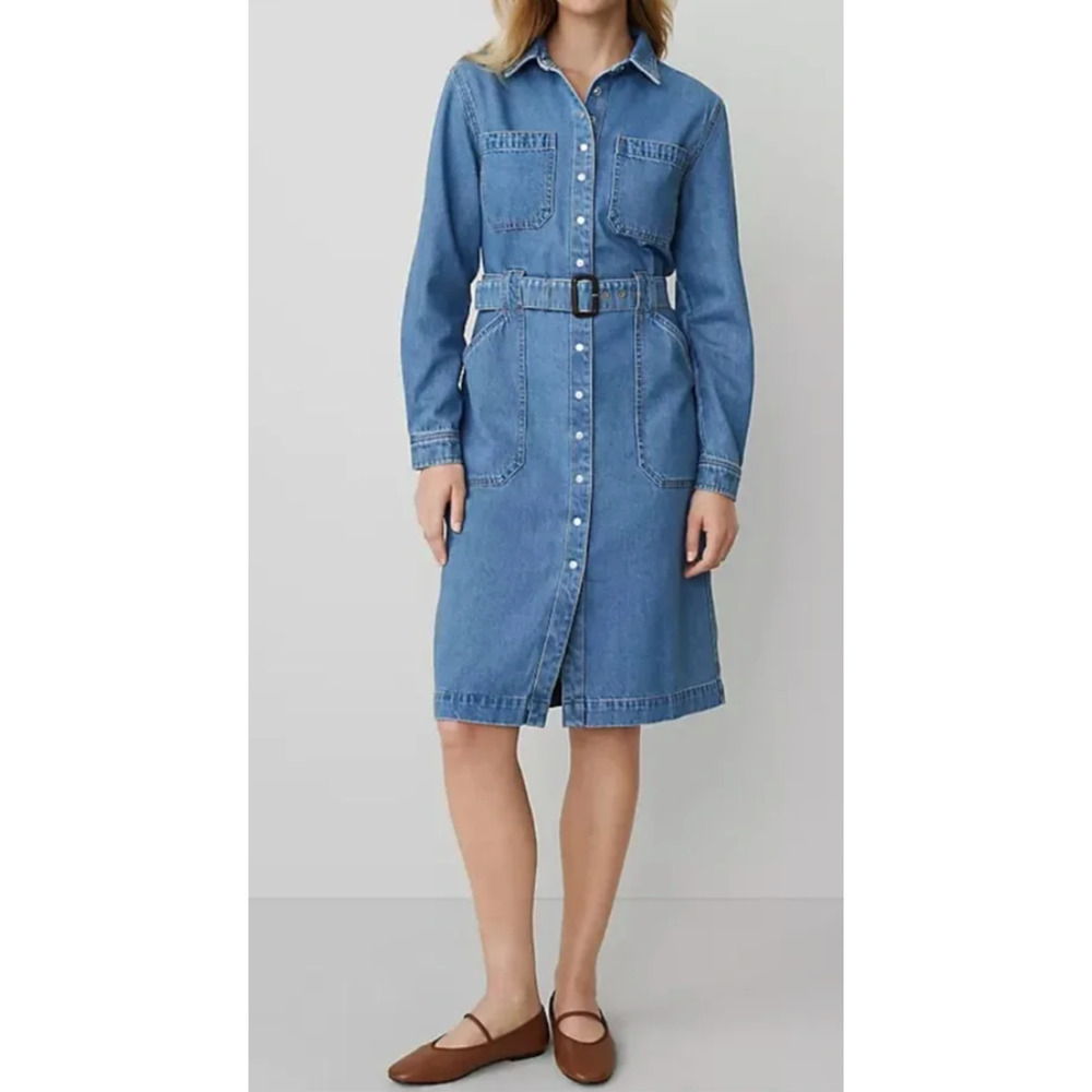 NEW ANN TAYLOR WEEKEND COLLECTION DENIM COLLARED COLUMN MIDI DRESS SZ 6 - Picture 2 of 8